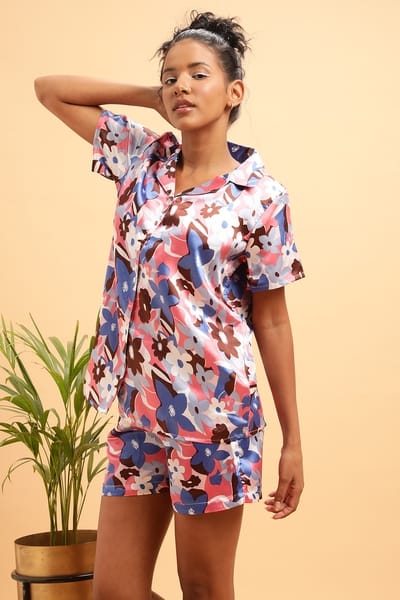 Floral Print Button Up Shirt and Shorts Set