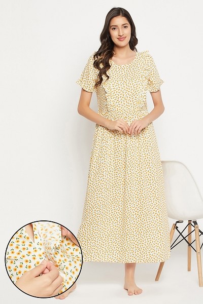 Buy Feeding Pretty Florals Long Night Dress in White - Rayon Online India,  Best Prices, COD - Clovia - NS1352P18