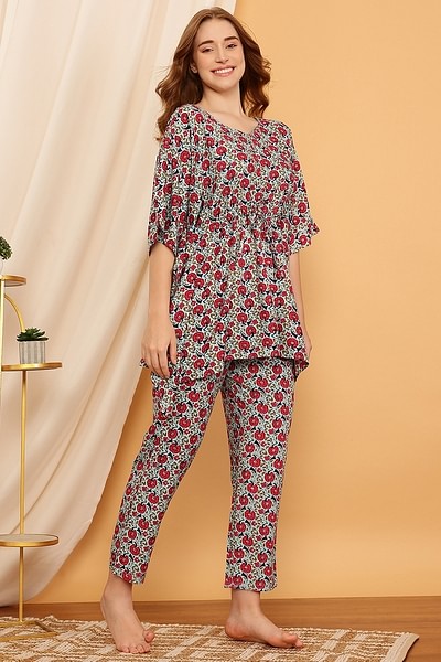 Buy Pretty Florals Kaftan Top & Pyjama Set in Sky Blue - Rayon Online  India, Best Prices, COD - Clovia - LS0592P03