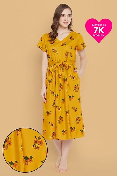 Buy Pretty Florals Nightdress in Mustard Yellow Rayon Online