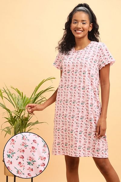 Buy Pretty Florals Short Night Dress in Baby Pink 100 Cotton