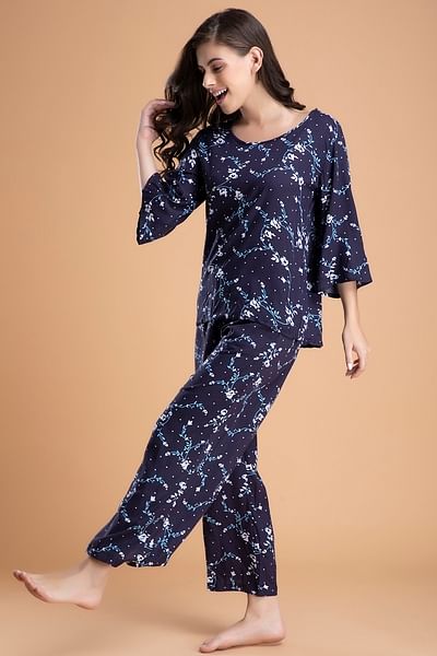 Buy Pretty Florals Top Pyjama Set in Blue Rayon Online India