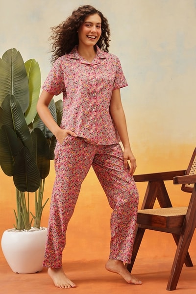 Print Me Pretty Button Down Night Suit in Pink Cotton Rich