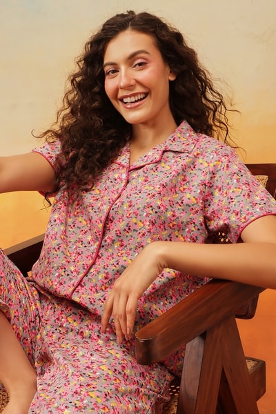 Buy Print Me Pretty Button Down Night Suit in Pink Cotton Rich