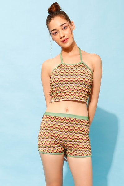 Y2K Print Padded Swim Top High Waist Bikini Bottoms in Multicolour