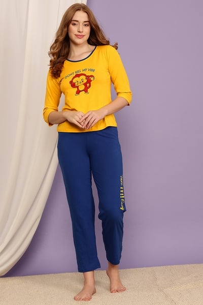 Buy Print Me Pretty Top in Yellow & Chic Basic Pyjama in Royal Blue ...