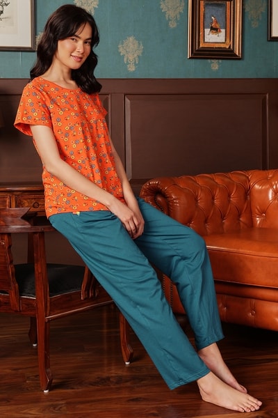 Doughnut Print Top Pyjama Set in Orange 100% Cotton