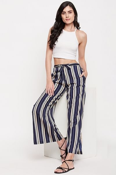 Buy Sassy Stripes Flared Pants in Navy - Crepe Online India, Best