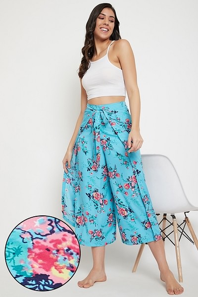 Buy Pretty Florals Wrap Pants in Light Blue - Crepe Online India