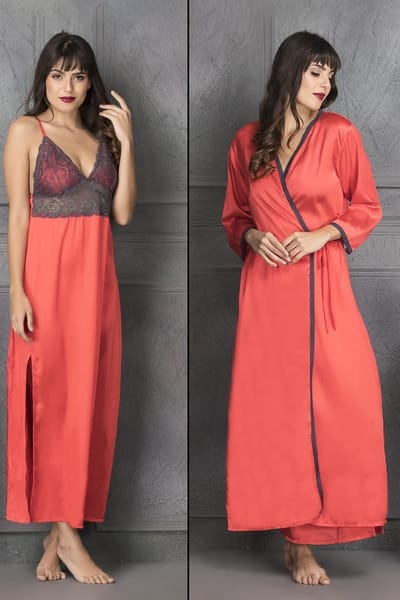 Buy 2 Pc Set in Coral Red - Long Nighty & Robe - Satin Online - Clovia
