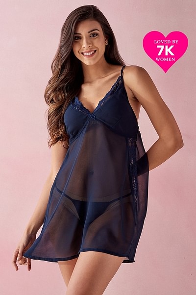 Buy Sheer Babydoll with Matching G-String in Navy - Georgette Online India,  Best Prices, COD - Clovia - NS1381P08