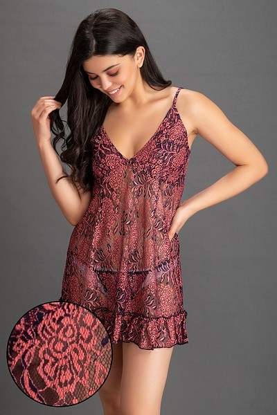 Clovia Purple Solid Lace Babydoll Dress