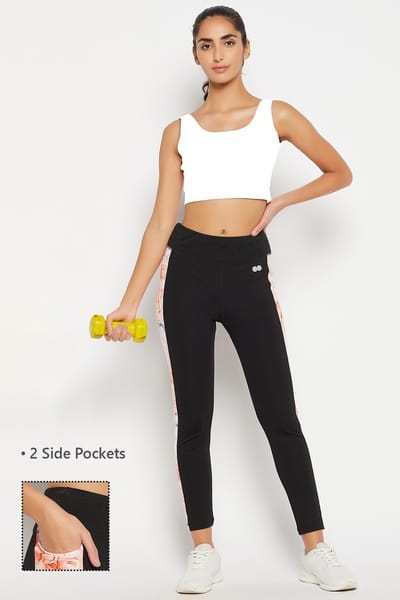 Clovia High-Rise Active Tights in Black with Side Panels