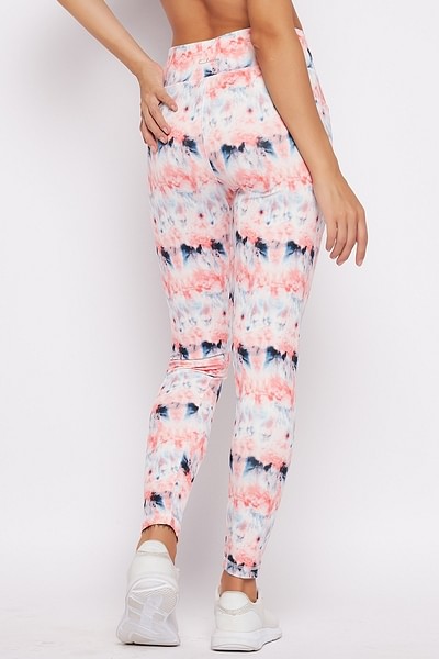Pink Tie Dye Women Leggings Side Pockets, Printed Yoga Pants