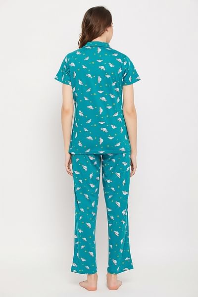 Buy Spaceship Print Button Down Shirt & Pyjama Set in Teal Blue 