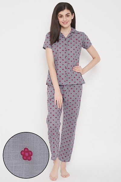 Buy Star Print Button Down Shirt Pyjama Set in Dark Grey 100