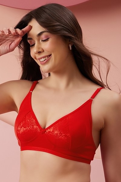Cotton Rich Non-padded Bra With Lace In Red, Bras :: All Bras