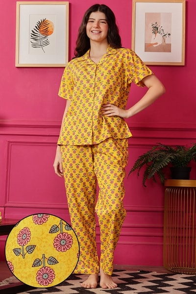 Sunflower Print Button Down Night Suit in Light Yellow Rayon