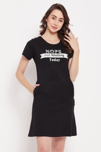 Buy Text Print Short Night Dress in Black - 100% Cotton Online - Clovia