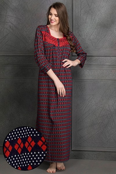 Buy Woollen Printed Full Sleeves Night Dress In Red Online India