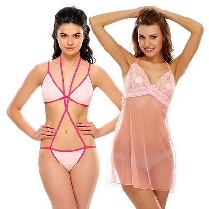 Buy 3 Pcs Set Of Blush Pink Color Bra, Panty And Night Slip Online