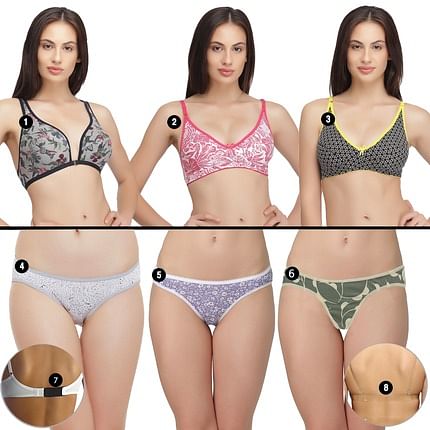 8 Pcs Set - 3 Bras - 3 Panties - 1 Bra Extender - 1 Strap