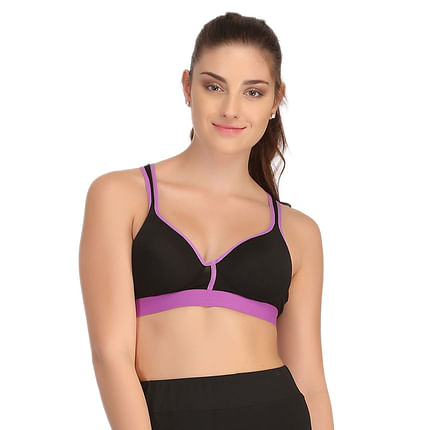 Buy Padded Sports Bra In Black With Lavender TRIMS & Broad ELASTIC