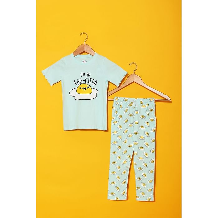 

Clovia 100% Cotton - Kids Top & Pyjama Set in Egg Print - Blue - GLK006P03, Light blue