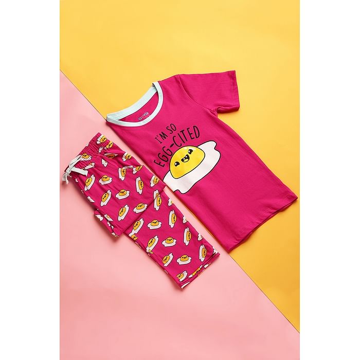 

Clovia 100% Cotton - Kids Top & Pyjama Set in Egg Print - Magenta - GLK006P14, Pink