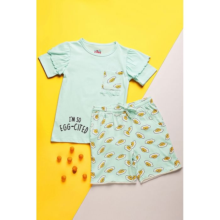 

Clovia 100% Cotton - Kids Top & Shorts Set in Egg Print - Blue - GLK013P03, Light blue