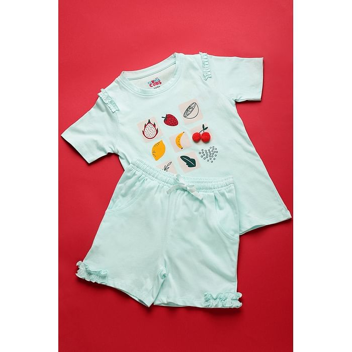 

Clovia 100% Cotton - Kids Top & Shorts Set in Fruit Print - Sky Blue - GLK012P03, Light blue