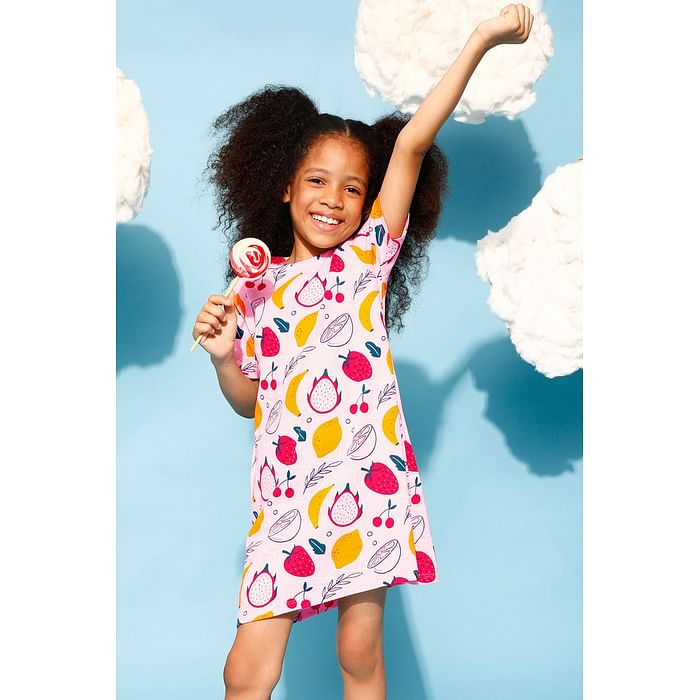 

Clovia 100% Cotton - Tweens Short Night Dress in Fruit Print - Pink - GNT001P22, Light pink