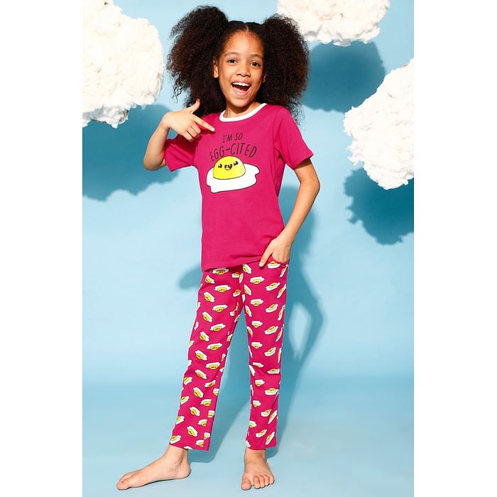 

Clovia 100% Cotton - Teen Top & Pyjama Set in Egg Print - Magenta - GLT006P14, Pink