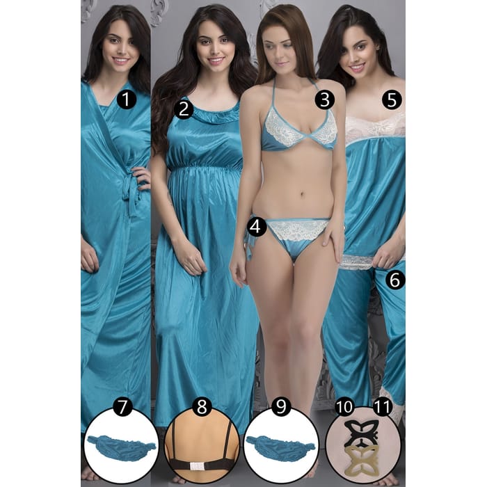 

Clovia 11 Pcs Nightwear Set in Blue - Satin - NSC753G03, Light blue