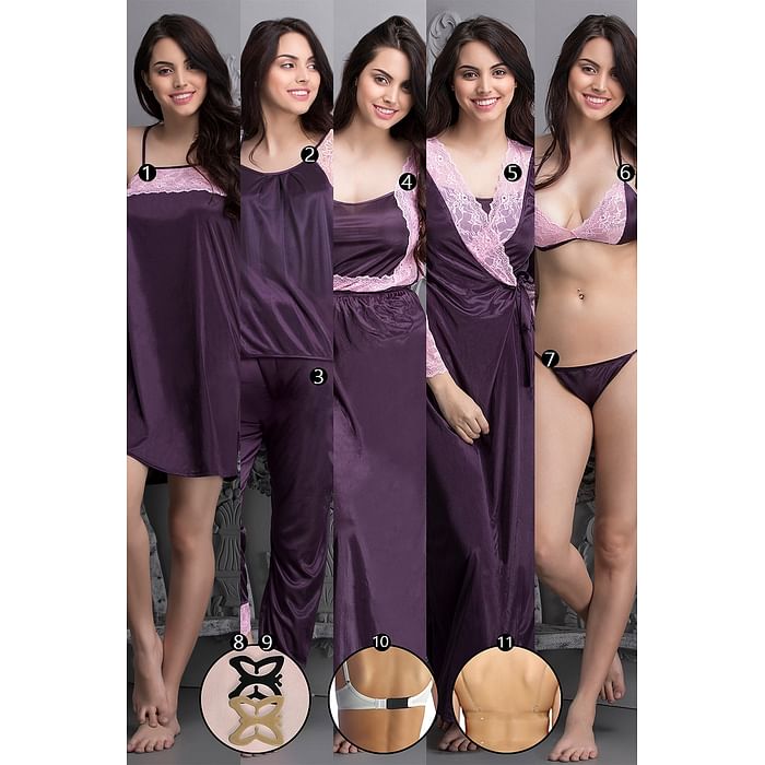 

Clovia 11 Pcs Nightwear Set in Purple- Satin - NSC564G15