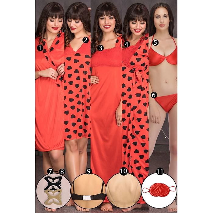 

Clovia 11 PCS SATIN HEART PRINT NIGHTWEAR SET IN RED - NSC034P04