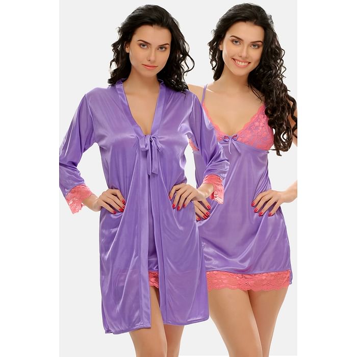 

Clovia Chic-Basic Robe & Babydoll Set in Violet Pink - Satin & Lace - NSM294P12, Lavender