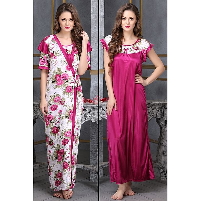 

Clovia Long Night Dress & Floral Print Robe Set in Dark Pink- Satin - NSM273G04, Red