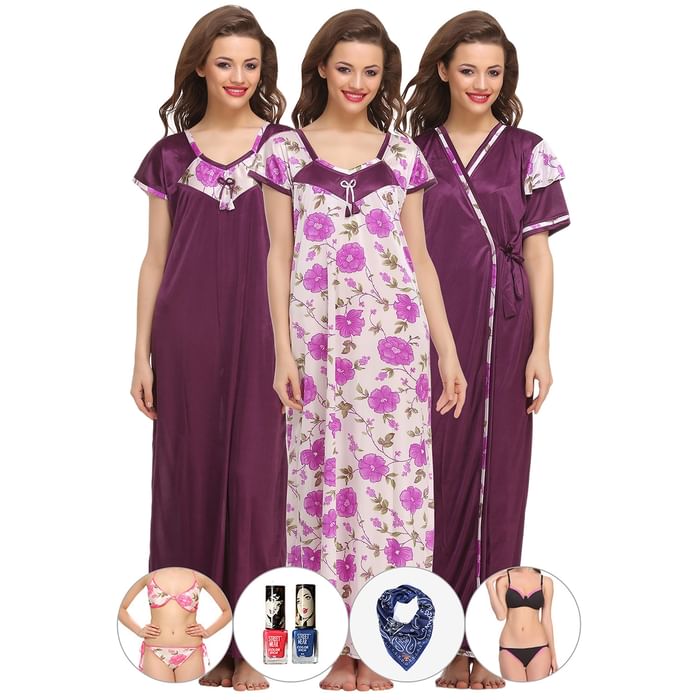 

Clovia 3 Pcs Satin Nightwear In Purple - NSM423P12, Lavender