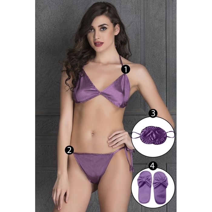 

Clovia 4 Pcs Set of Bra & Bikini- Eye Mask- Slipper - BP0231C12, Lavender