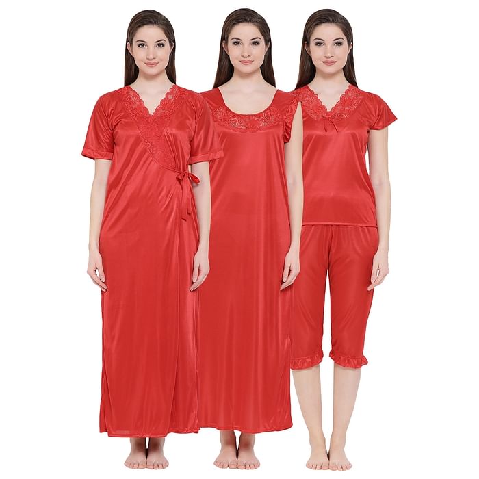 

Clovia 4 Pcs Satin Nightwear In Red - Robe, Nightie, Top, Capri - NSM236G04