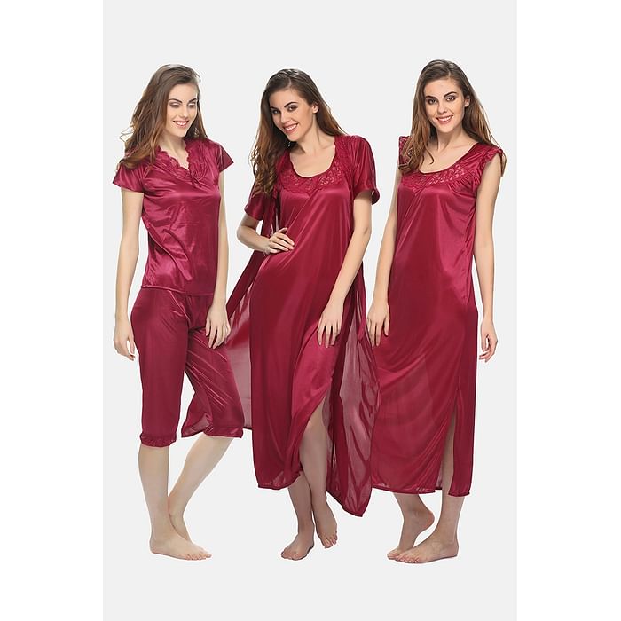 

Clovia 4 Pcs Satin Nightwear In Wine - NSM236G97