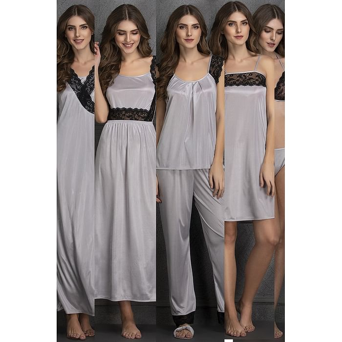 

Clovia 7 Pcs Nightwear Set in Grey - Satin - NS0564P01, Light grey