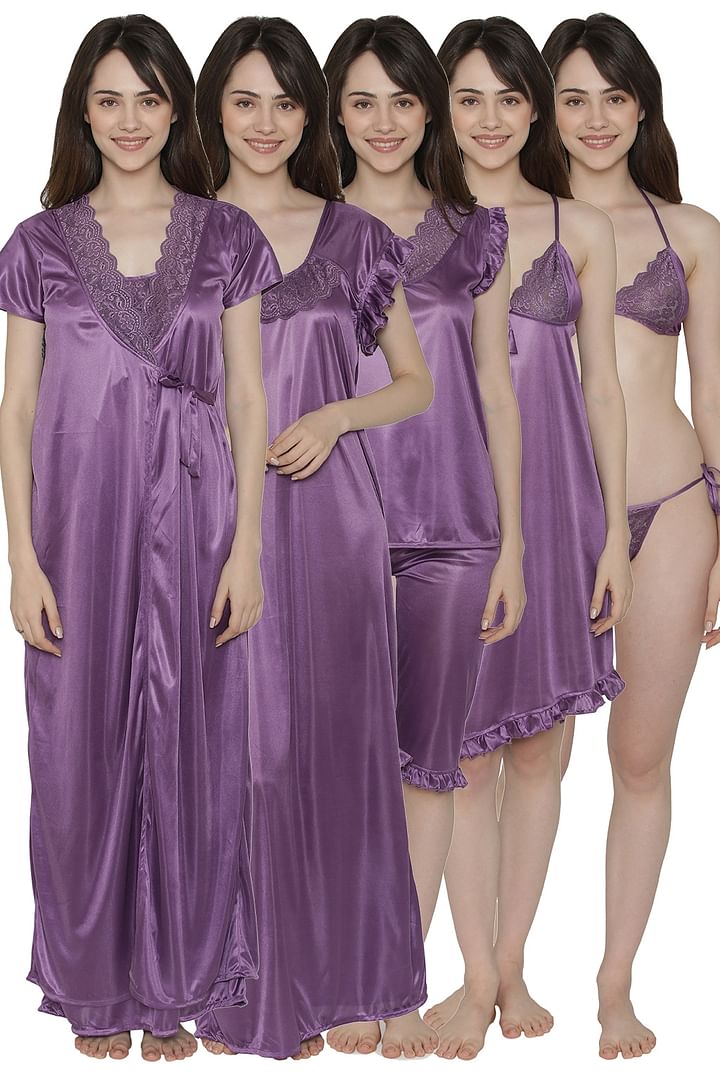 Buy 7 Pc Nightwear Set in Maroon- Satin Online India, Best Prices, COD -  Clovia - NS0564P09