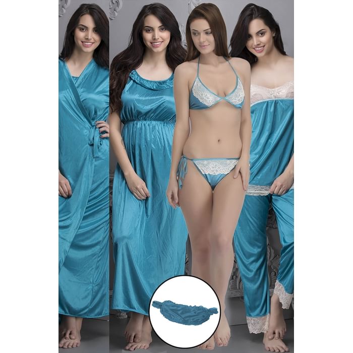 

Clovia 7 Pcs Nightwear Set in Blue - Satin - NS0753P03, Light blue