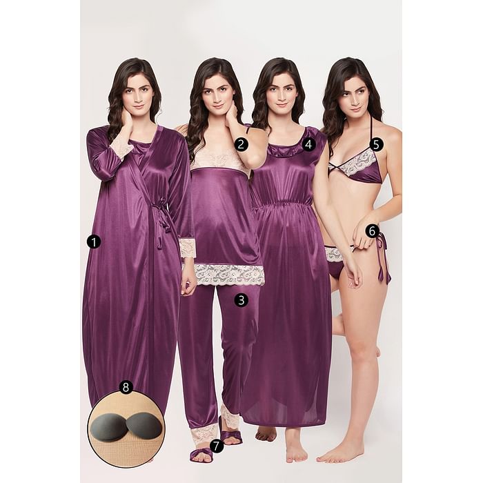 

Clovia 8 Pc Satin Nightwear Set - Navy - NS0753P08