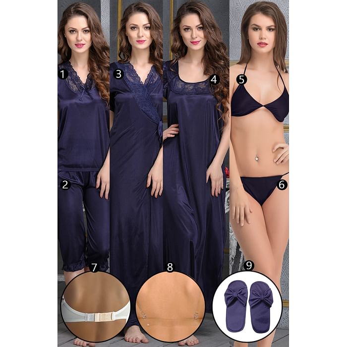 

Clovia 9 Pcs Nightwear Set in Navy - Satin - NSC236P08