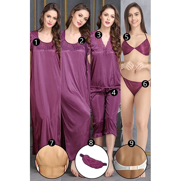

Clovia 9 Pcs Nightwear Set in Purple - Satin - NSC236B12, Lavender