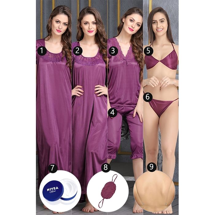 

Clovia 9 Pc Satin Nightwear Set - NSC283G12, Lavender