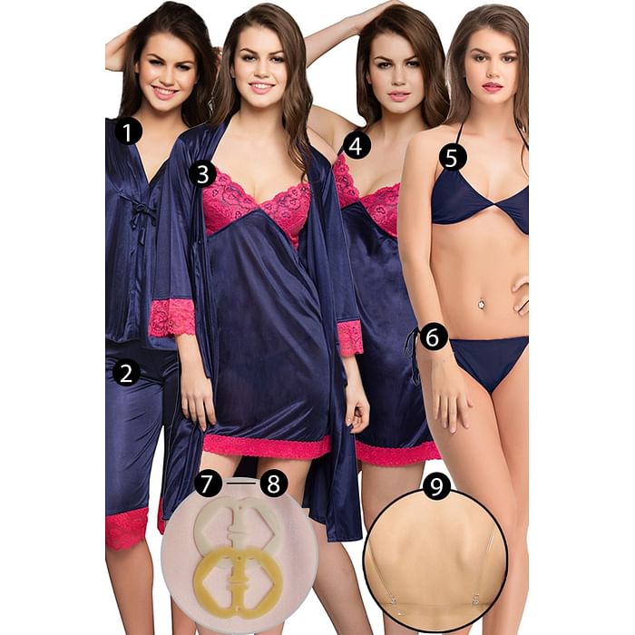 

Clovia 9 Pc Nightwear Set in Navy Blue- Satin - NSC294C08